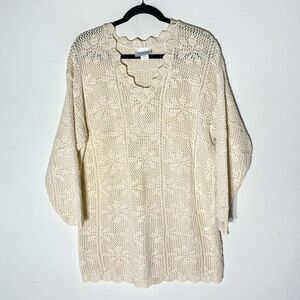 Vintage 90s Grace Cream Oversized Knit Sweater With Scalloped V Neck S